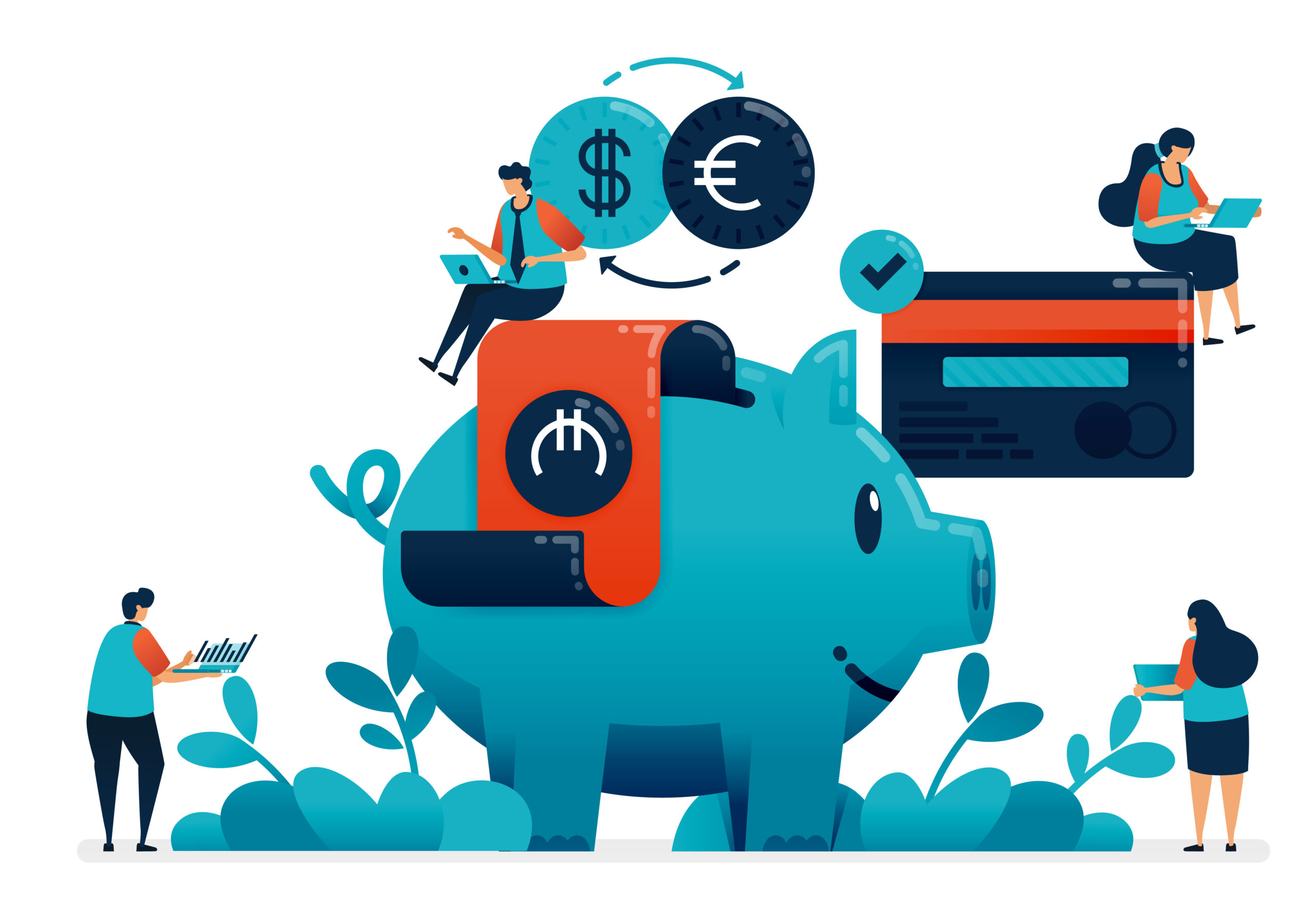 Illustration of people sitting near a piggy bank that represents a higher cost/ investment is needed.