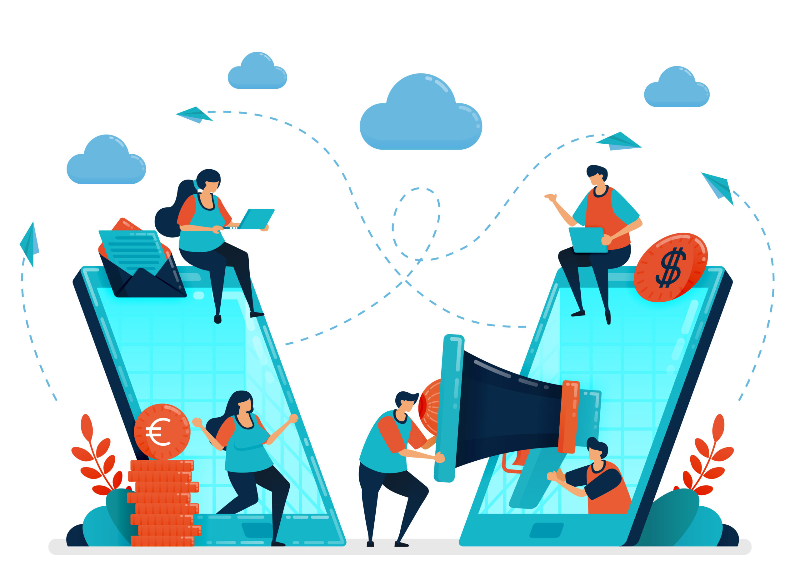 Illustration of people with megaphones and money sitting on two phones comparing details.