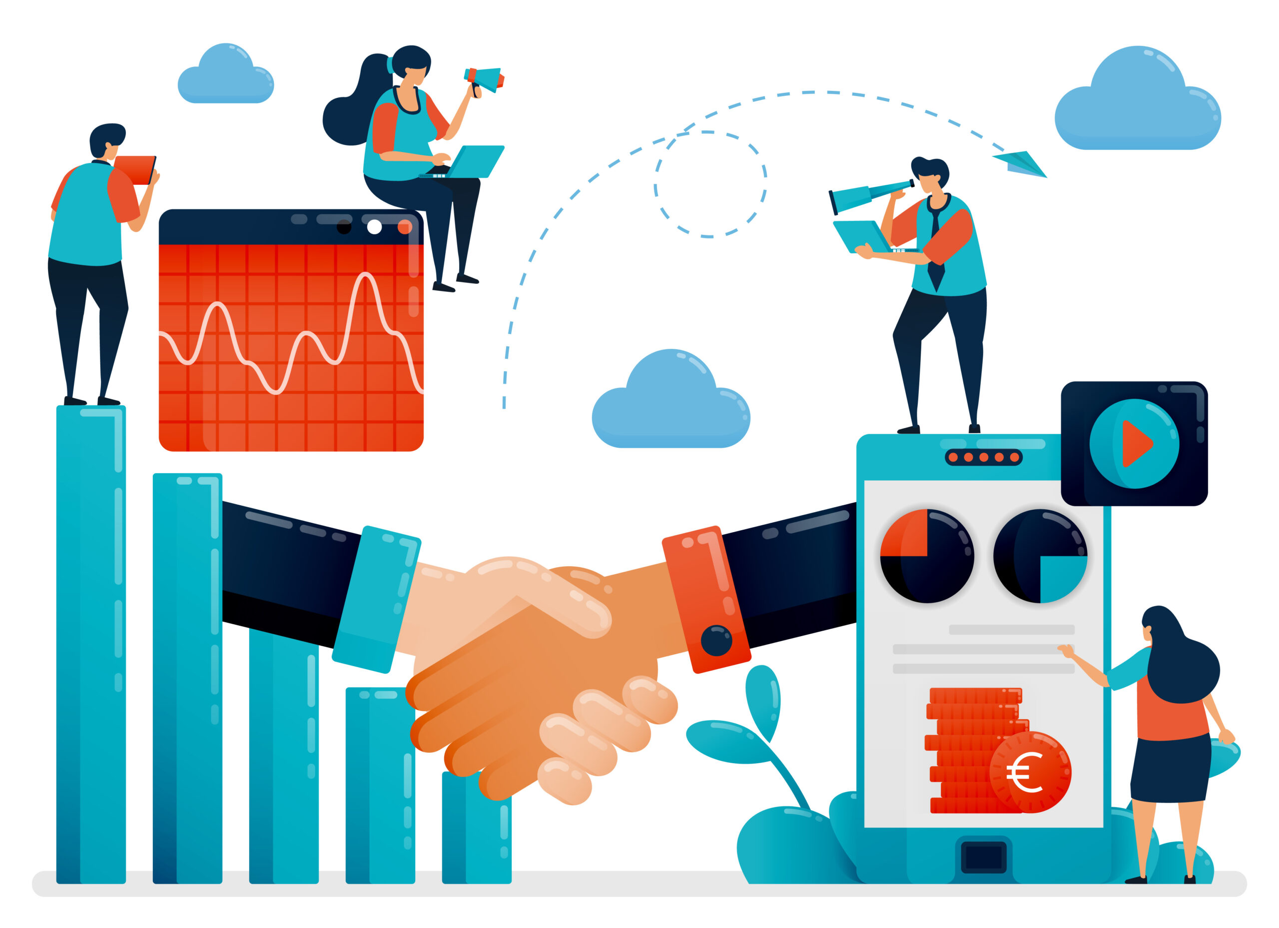 Illustration of people working together to improve productivity of the business through website.