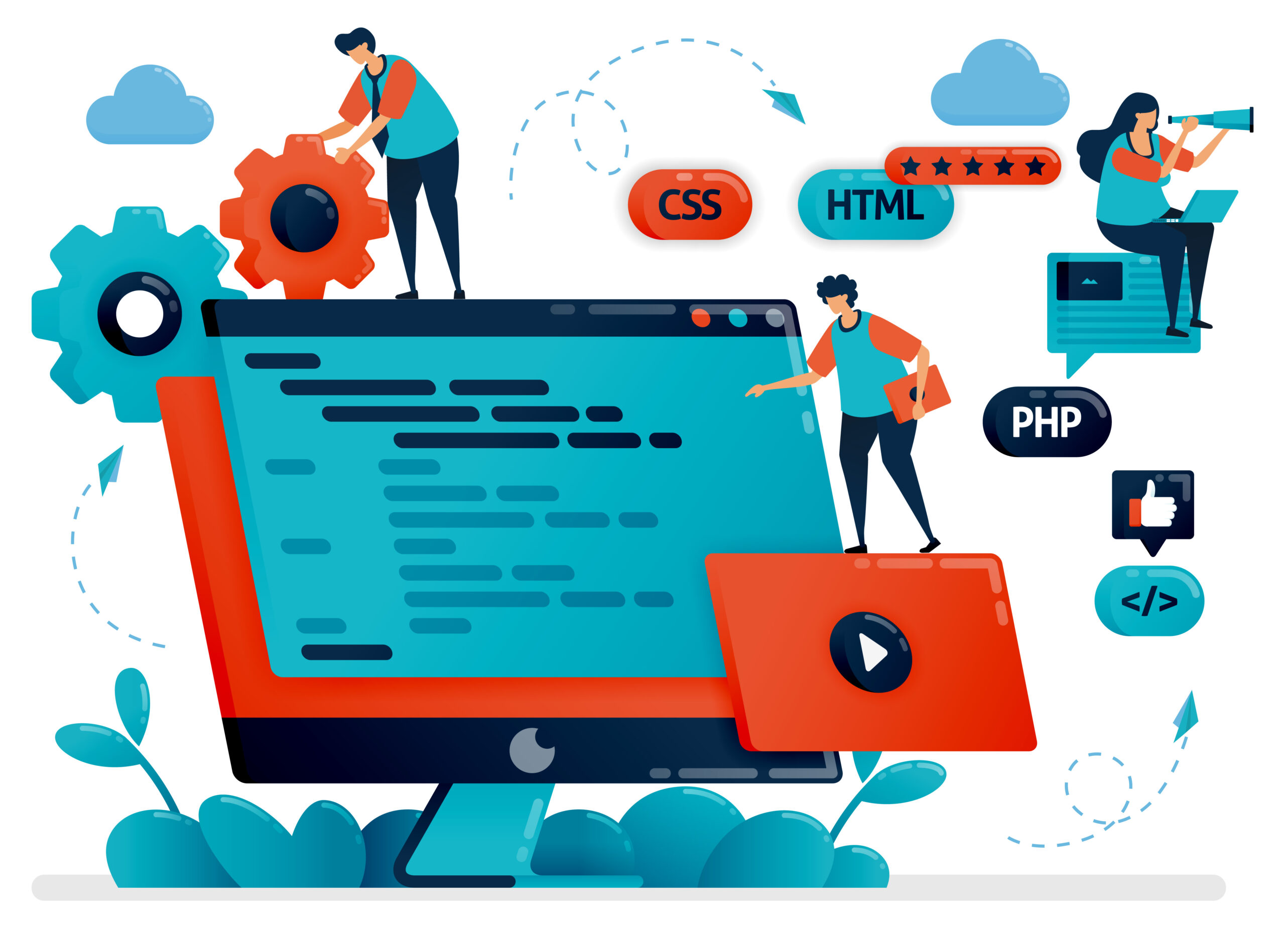 Illustration of web developers working on a large computer screen with visible code. Surrounding elements include icons for HTML, CSS, PHP, gears, rating stars, a play button, and a woman using a telescope while sitting on a blog post.