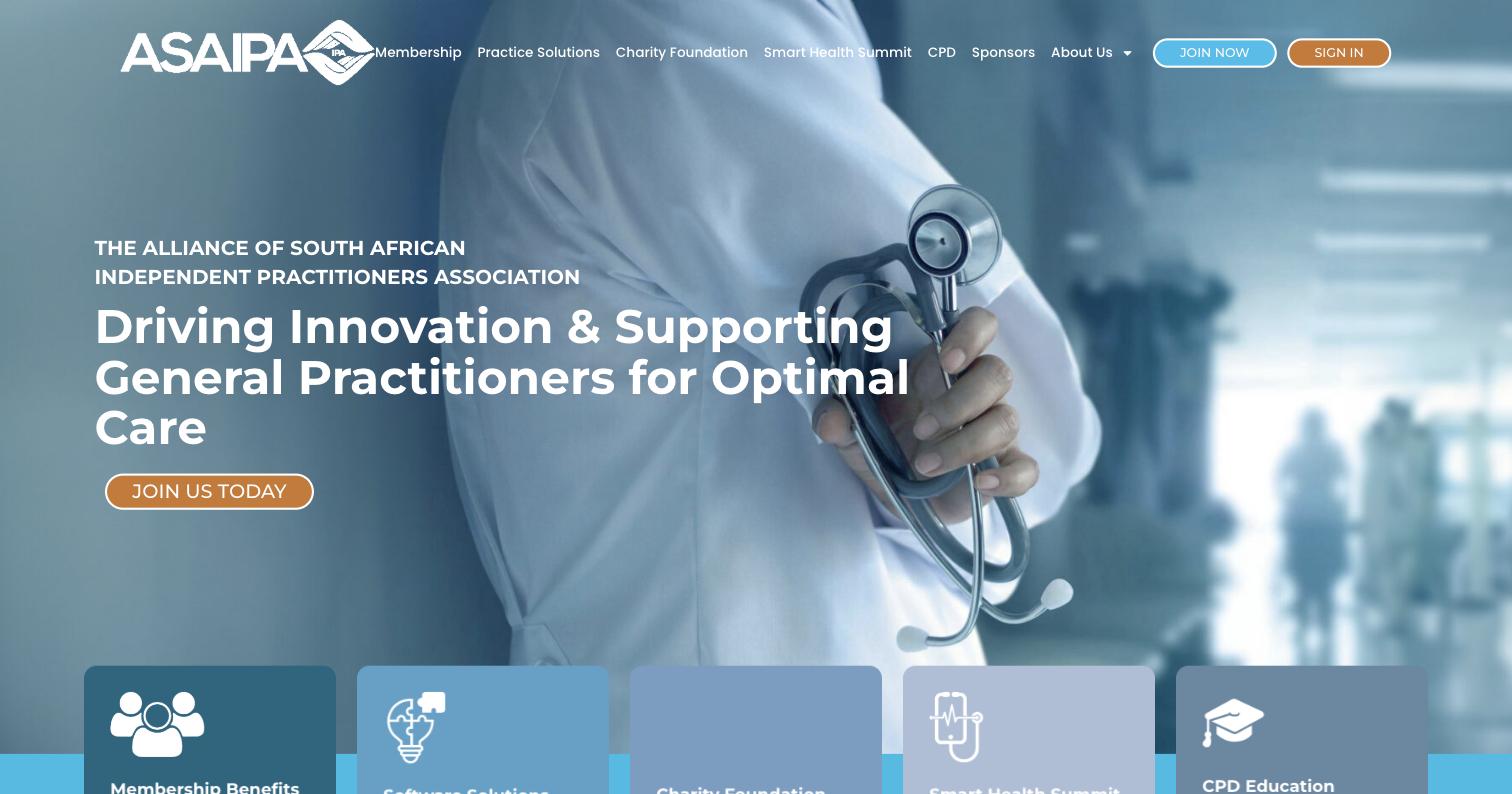 The ASAIPA website home page, with the Driving Innovation banner and membership cards