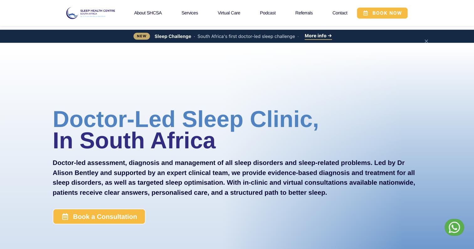 The Sleep Health Centre South Africa home page, with the doctor-led sleep clinic banner and booking button