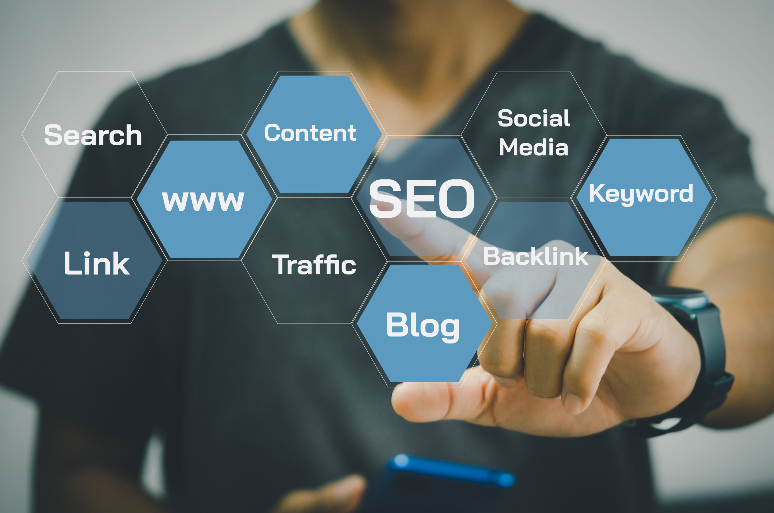 Illustration of SEO concepts including search, content, social media, Linux, keywords, backlinks, and blog traffic, with a pointing finger selecting options
